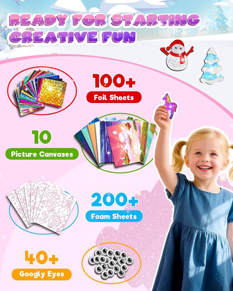 Baobrava Foil Art Fun Kit for Kids - Christmas Ornaments Craft Kit, DIY Christmas Princess& Unicorn Foil Art Craft Activity for Kids, Creative New Year Birthday Gifts Travel Toys for 4 and Up - Image 5